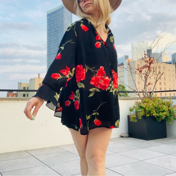 🛳 K.C.STUDIO Vintage Ruffle Long Sleeves Sheer Top Big Roses Sheer Top 22W - Picture 5 of 16